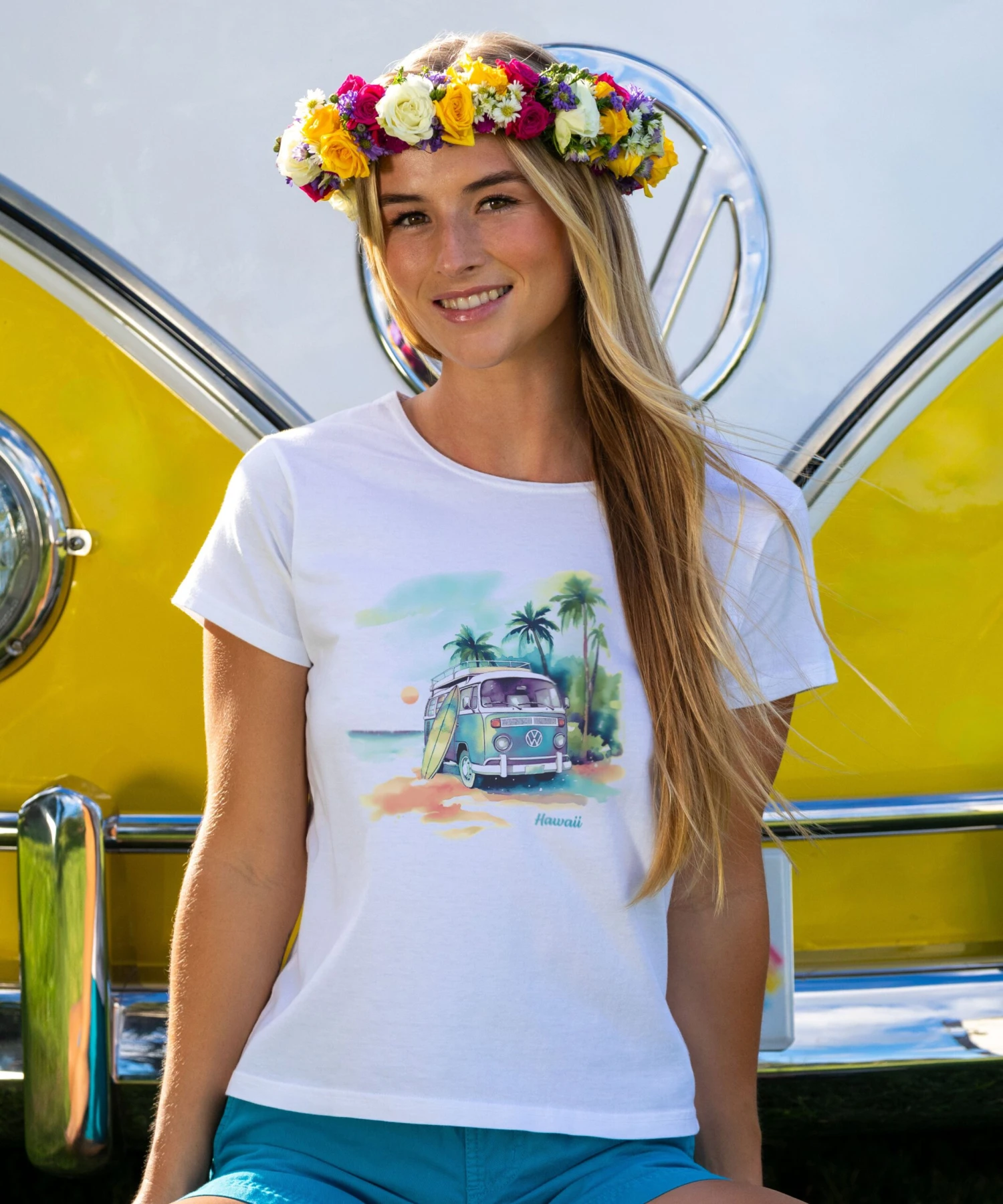 Volkswagen Watercolor Bus - White Short Sleeve Scoop Neck T-Shirt 2 Volkswagen Watercolor Bus - White Short Sleeve Scoop Neck T-Shirt - Image 2