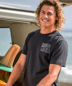 Kailua Lanikai Woodcut - Jet Black Short Sleeve Pima T-Shirt -Crazy Shirts Sale Store 2012987 1A