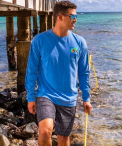 Tribal Whale Breach - Blue Hawaii Dyed Long Sleeve Crewneck T-Shirt -Crazy Shirts Sale Store 2013446 1A