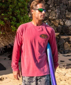 Woodcut Kilauea - Paradise Red Dyed Long Sleeve Crewneck T-Shirt -Crazy Shirts Sale Store 2013459 1A