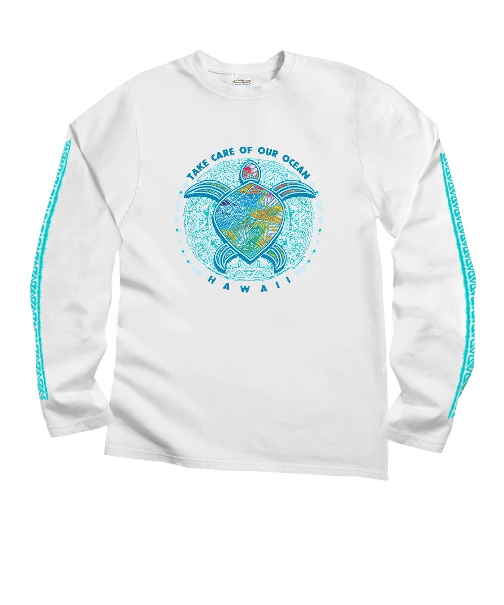 Ocean Blue - White Long Sleeve Crewneck T-Shirt 1 Ocean Blue - White Long Sleeve Crewneck T-Shirt