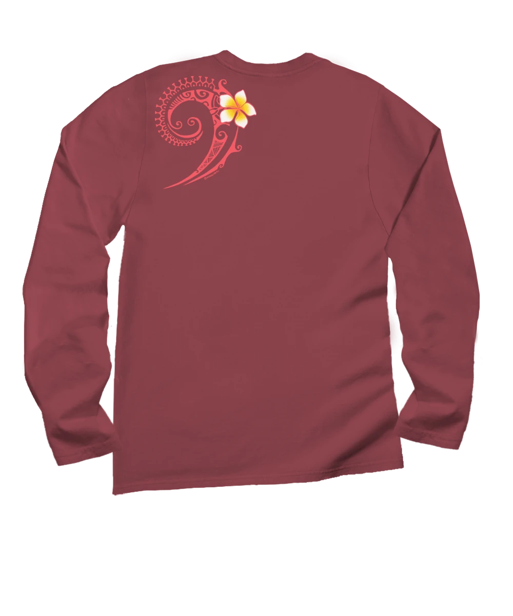 Plumeria Tatau - Paradise Red Dyed Long Sleeve Crewneck T-Shirt 4 Plumeria Tatau - Paradise Red Dyed Long Sleeve Crewneck T-Shirt - Image 4
