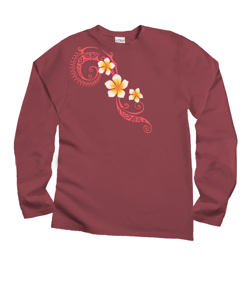 Plumeria Tatau - Paradise Red Dyed Long Sleeve Crewneck T-Shirt 1 Plumeria Tatau - Paradise Red Dyed Long Sleeve Crewneck T-Shirt