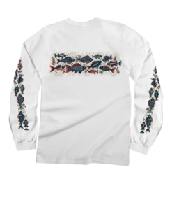 Woodcut Fish Band - White Long Sleeve Crewneck T-Shirt -Crazy Shirts Sale Store 2017179 1A