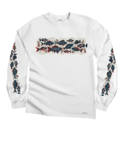 Woodcut Fish Band - White Long Sleeve Crewneck T-Shirt