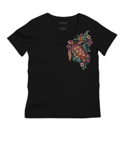 Tropical Floral Turtle - Jet Black Short Sleeve Pima V-Neck T-Shirt