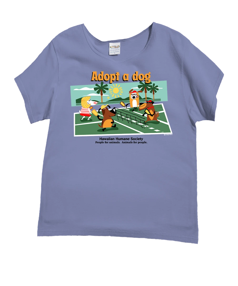 Hawaiian Humane Society Adopt A Dog Pickleball - Lavender Dyed Short Sleeve Scoop Neck T-Shirt 1 Hawaiian Humane Society Adopt A Dog Pickleball - Lavender Dyed Short Sleeve Scoop Neck T-Shirt