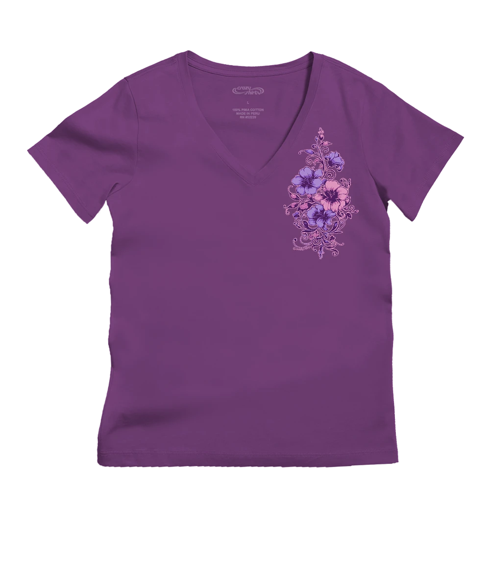 Floral Flourish - Violet Short Sleeve Pima V-Neck T-Shirt 1 Floral Flourish - Violet Short Sleeve Pima V-Neck T-Shirt