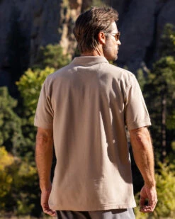 Vertical Tribal Shark - Kona Coffee Dyed Short Sleeve Oceanfront Polo Shirt -Crazy Shirts Sale Store 2018175 1A