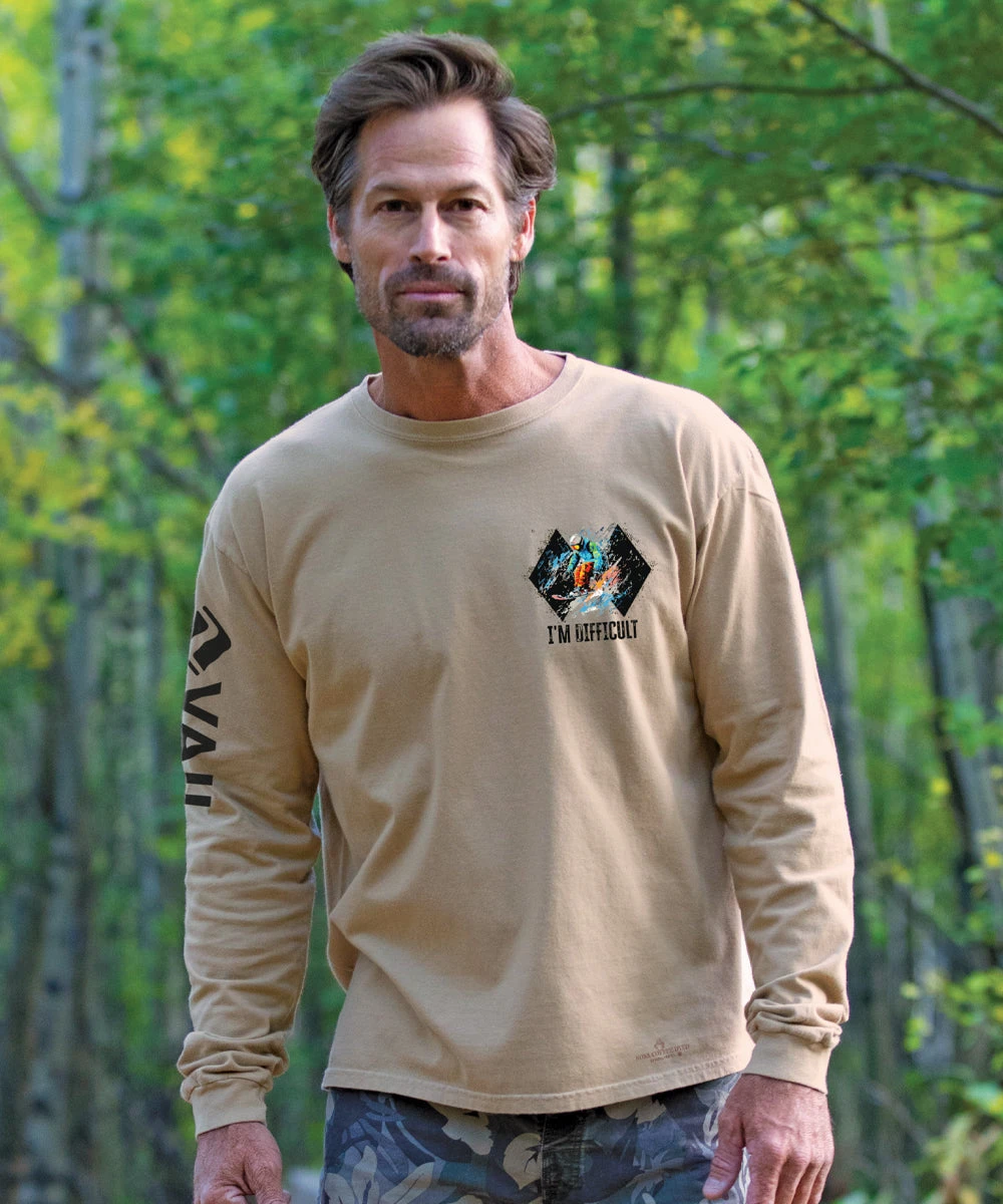 Vail Resort I'm Difficult - Kona Coffee Dyed Long Sleeve Crewneck T-Shirt 3 Vail Resort I'm Difficult - Kona Coffee Dyed Long Sleeve Crewneck T-Shirt - Image 3