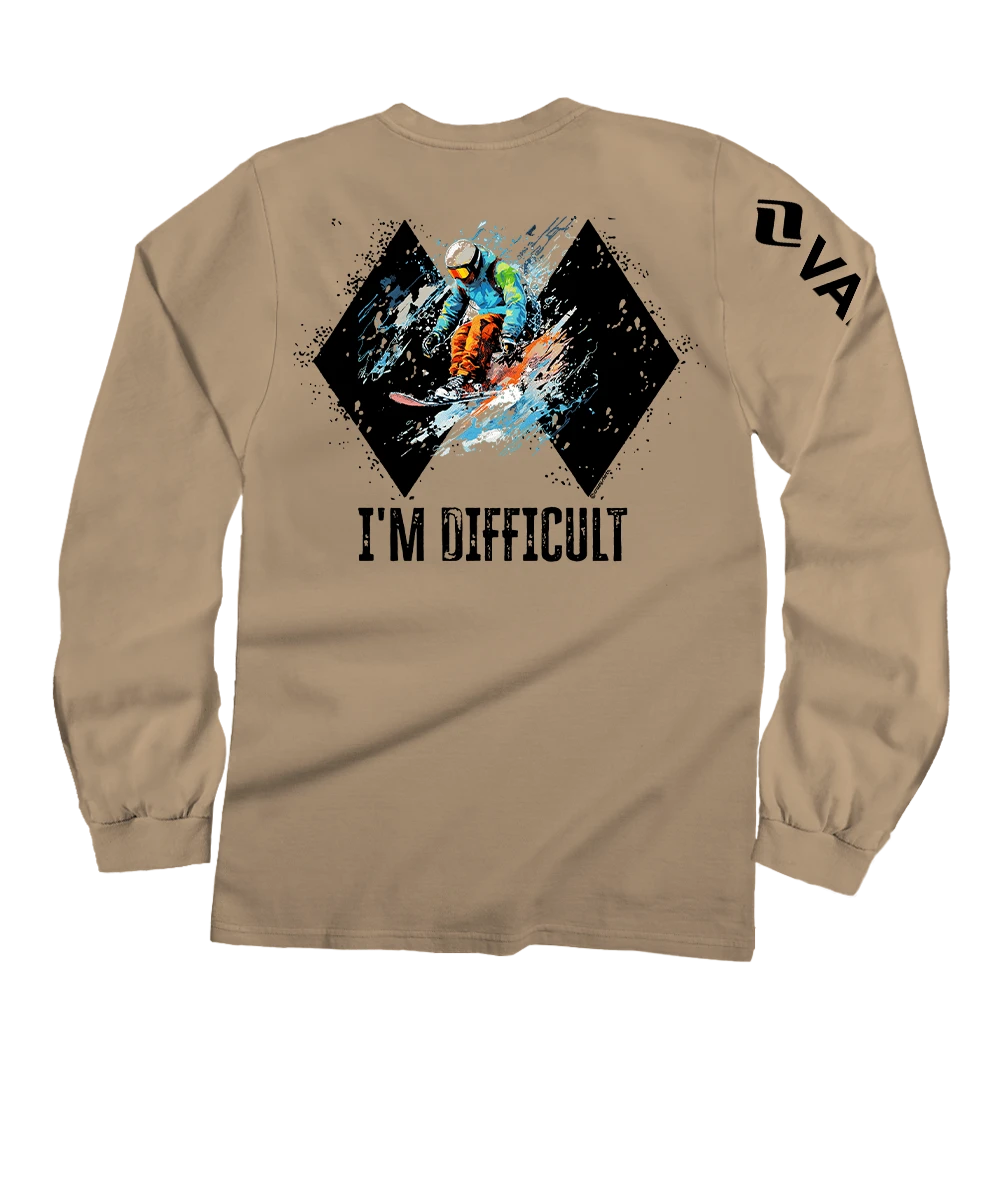 Vail Resort I'm Difficult - Kona Coffee Dyed Long Sleeve Crewneck T-Shirt 1 Vail Resort I'm Difficult - Kona Coffee Dyed Long Sleeve Crewneck T-Shirt