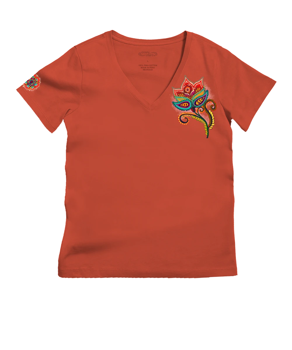 Paisley Floral - Paprika Short Sleeve Pima V-Neck T-Shirt 1 Paisley Floral - Paprika Short Sleeve Pima V-Neck T-Shirt
