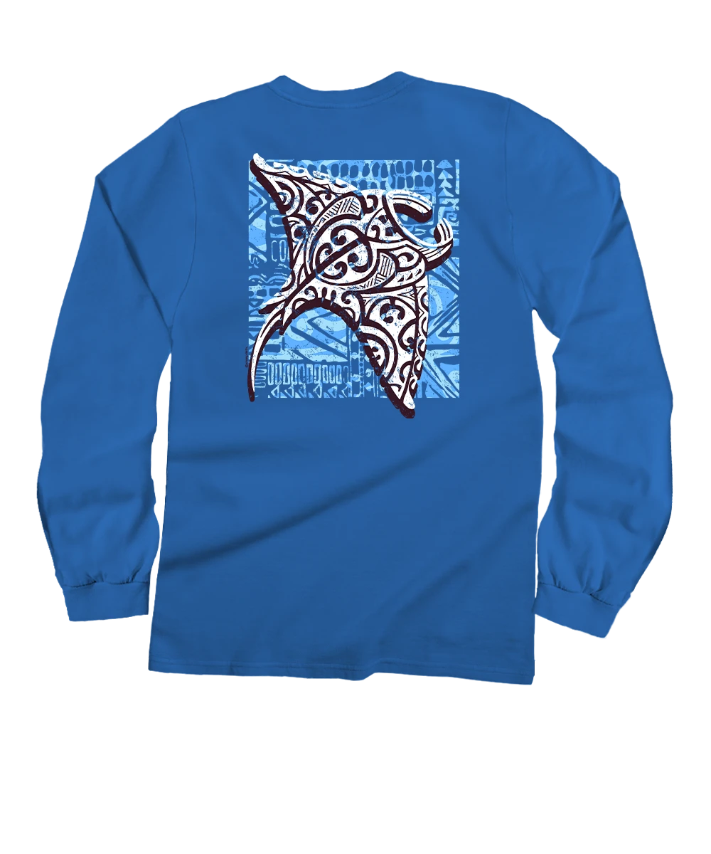 Tribal Manta Block - Blue Hawaii Dyed Long Sleeve Crewneck T-Shirt 1 Tribal Manta Block - Blue Hawaii Dyed Long Sleeve Crewneck T-Shirt