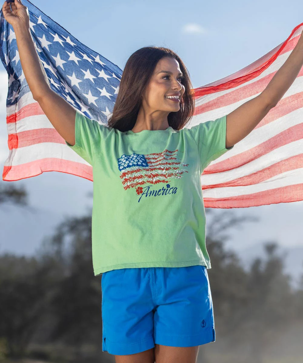 Floral Flag - Key Lime Dyed Short Sleeve Scoop Neck T-Shirt 2 Floral Flag - Key Lime Dyed Short Sleeve Scoop Neck T-Shirt - Image 2