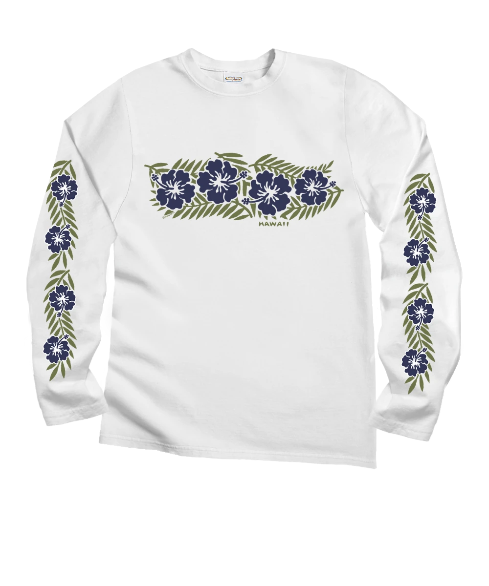Retro Hibiscus - White Long Sleeve Crewneck T-Shirt 1 Retro Hibiscus - White Long Sleeve Crewneck T-Shirt