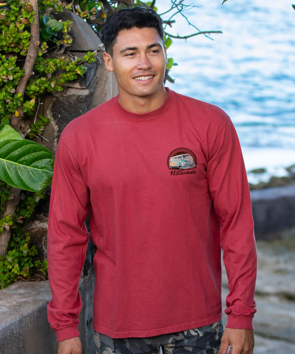 Volkswagen On The Beach - Paradise Red Dyed Long Sleeve Crewneck T-Shirt 3 Volkswagen On The Beach - Paradise Red Dyed Long Sleeve Crewneck T-Shirt - Image 3