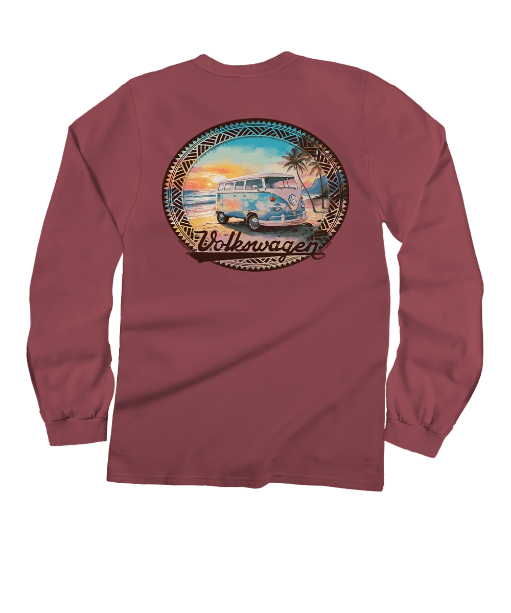 Volkswagen On The Beach - Paradise Red Dyed Long Sleeve Crewneck T-Shirt 1 Volkswagen On The Beach - Paradise Red Dyed Long Sleeve Crewneck T-Shirt