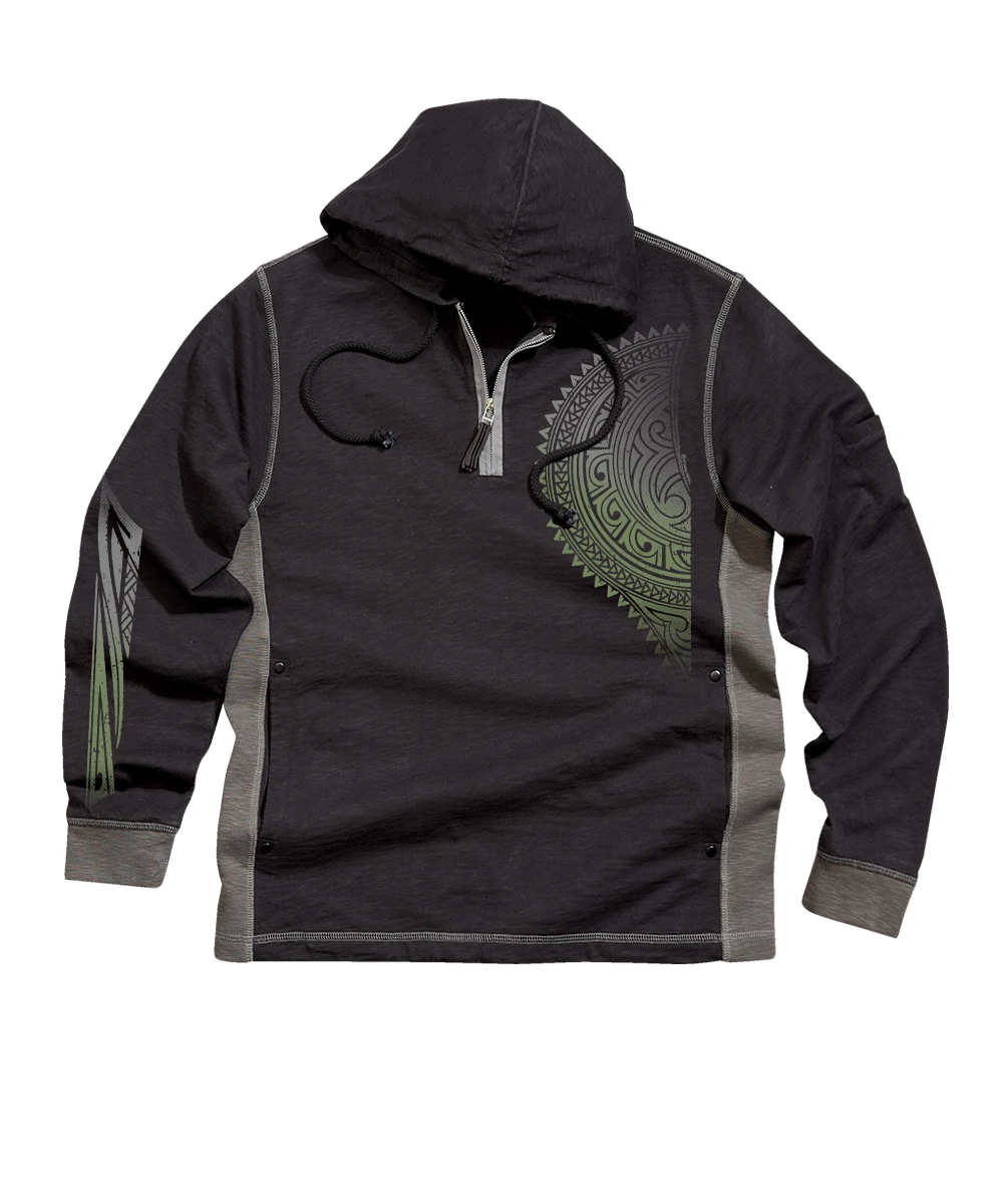 Tribal Chest Tattoo - Black/Charcoal Long Sleeve Longboard Hooded Tee 1 Tribal Chest Tattoo - Black/Charcoal Long Sleeve Longboard Hooded Tee