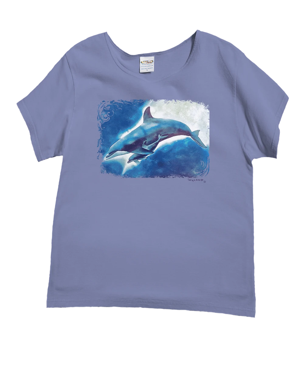 Wyland® Dolphin Block - Lavender Dyed Short Sleeve Scoop Neck T-Shirt 1 Wyland® Dolphin Block - Lavender Dyed Short Sleeve Scoop Neck T-Shirt