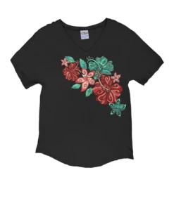Swirly Hibiscus - Charcoal Short Sleeve Dolman V-Neck Tee