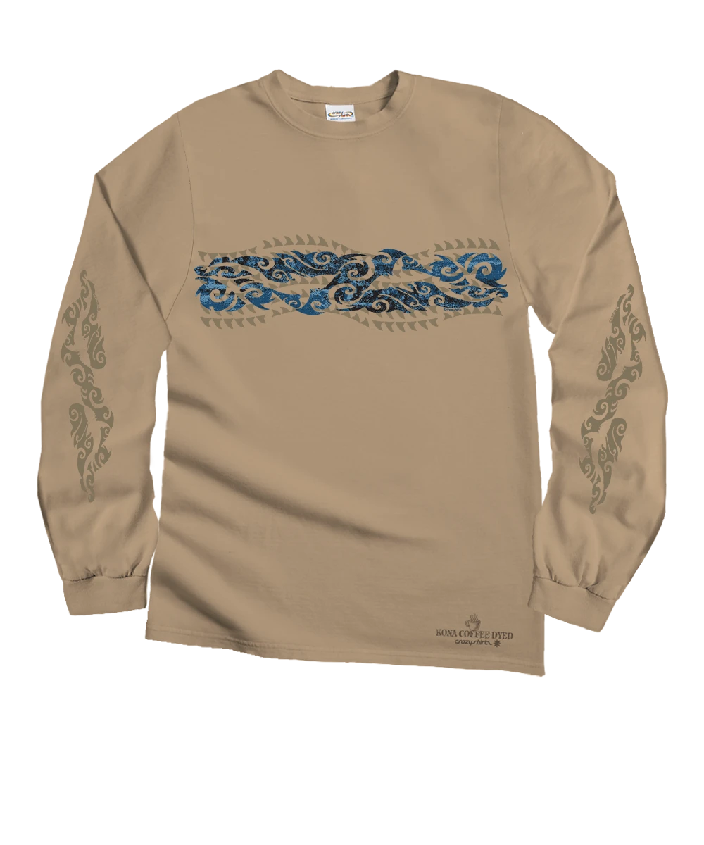 Tribal Mana Stripe - Kona Coffee Dyed Long Sleeve Crewneck T-Shirt 1 Tribal Mana Stripe - Kona Coffee Dyed Long Sleeve Crewneck T-Shirt
