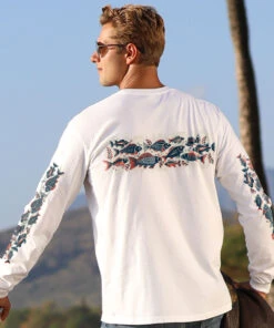 Woodcut Fish Band - White Long Sleeve Crewneck T-Shirt -Crazy Shirts Sale Store 688dec079965c4605463f9dacc4f1eae