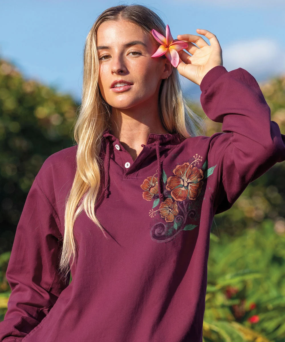 Hibiscus Floral Cascade - Wine Dyed Long Sleeve Lightweight Pullover 2 Hibiscus Floral Cascade - Wine Dyed Long Sleeve Lightweight Pullover - Image 2