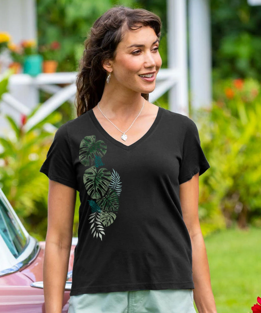 Misty Monstera - Jet Black Short Sleeve Pima V-Neck T-Shirt 2 Misty Monstera - Jet Black Short Sleeve Pima V-Neck T-Shirt - Image 2