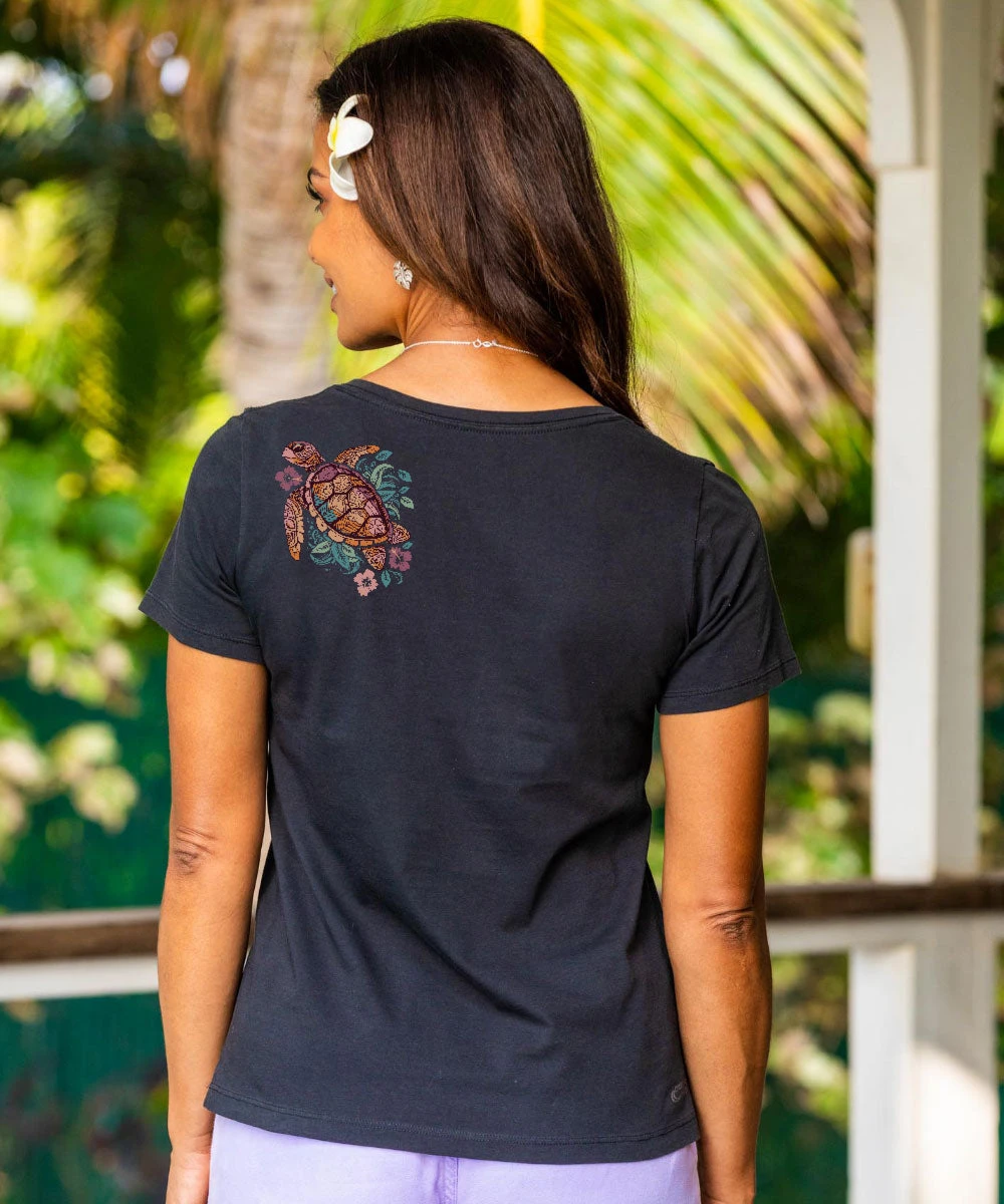 Tropical Floral Turtle - Jet Black Short Sleeve Pima V-Neck T-Shirt 3 Tropical Floral Turtle - Jet Black Short Sleeve Pima V-Neck T-Shirt - Image 3