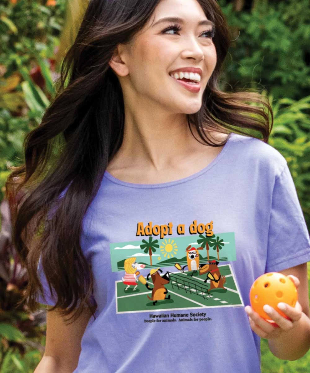 Hawaiian Humane Society Adopt A Dog Pickleball - Lavender Dyed Short Sleeve Scoop Neck T-Shirt 2 Hawaiian Humane Society Adopt A Dog Pickleball - Lavender Dyed Short Sleeve Scoop Neck T-Shirt - Image 2